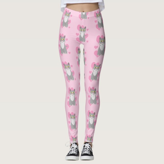Totally Cute Grey Cat Love Cartoon Pattern Art Leggings (Front)