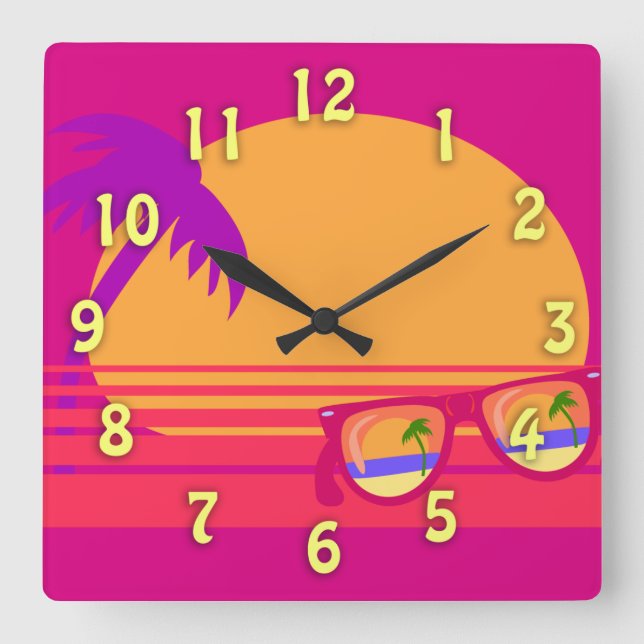 Totally Eighties Awesome Neon Sunset Square Wall Clock (Front)