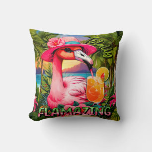 Totally Flamazing Pink Flamingo Beach Drink Throw Pillow