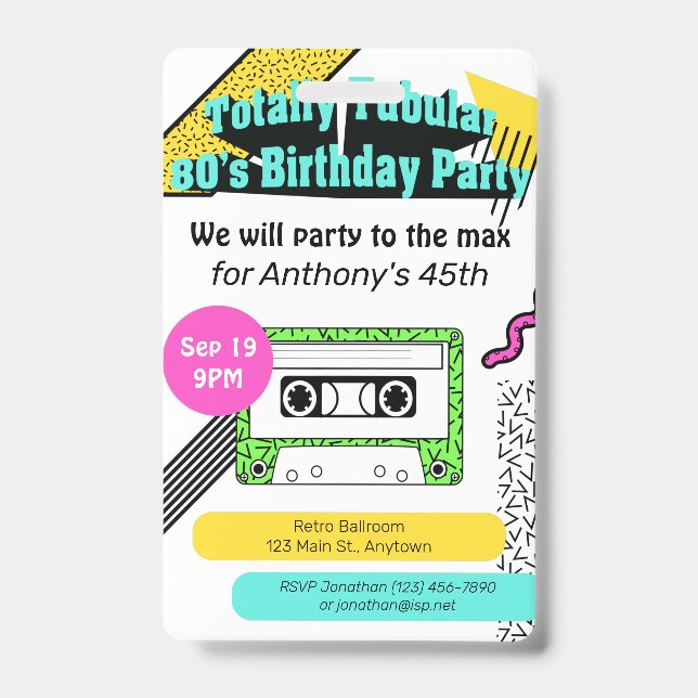 Totally Tubular 80's Birthday Party Badge (Front)