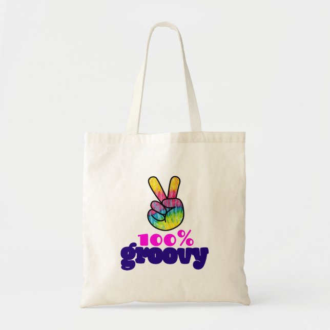 Tote Bag 100% Groovy Rainbow Hand Peace Sign (Devant)