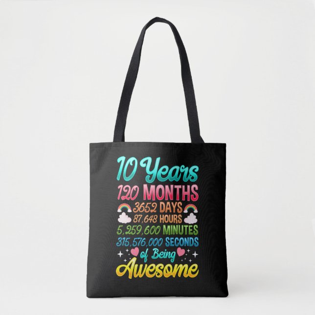 Tote Bag 10 ans 120 mois 10e anniversaire Fête Arc en ciel (Devant)