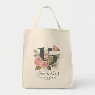 Tote Bag 15e anniversaire Quinceanera Pink Floral Greenery