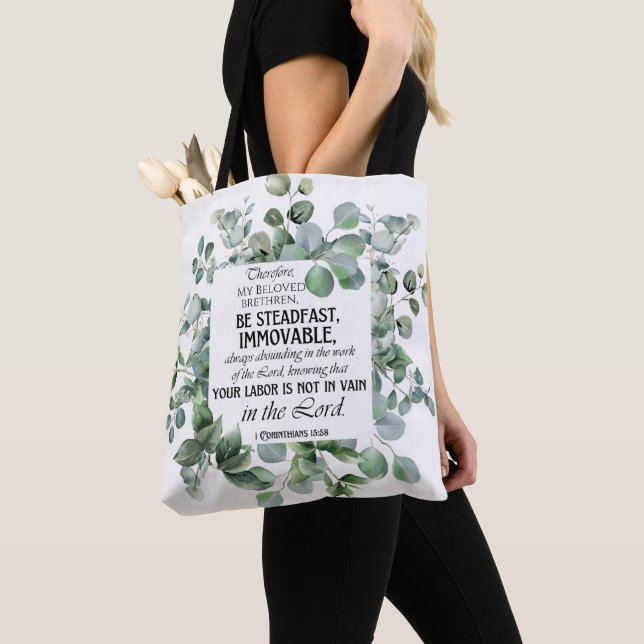 Tote Bag 1 Corinthiens 15:58 Inspirational Verse Eucalyptus (De près)