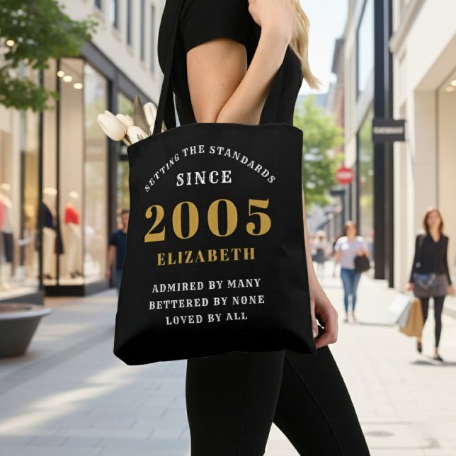 Tote Bag 21st Birthday 2005 Black Gold For Her Personalized (Born 2005 birthday tote bag. Background out of focus.)