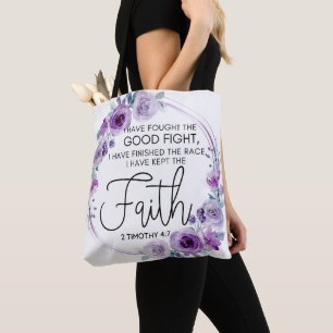 Tote Bag 2 Timothée 4:7 J'ai gardé la foi Florale pourpre