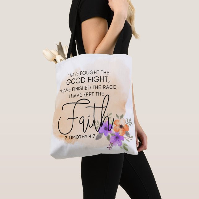 Tote Bag 2 Timothée 4:7 - J'ai gardé la foi Peach (De près)