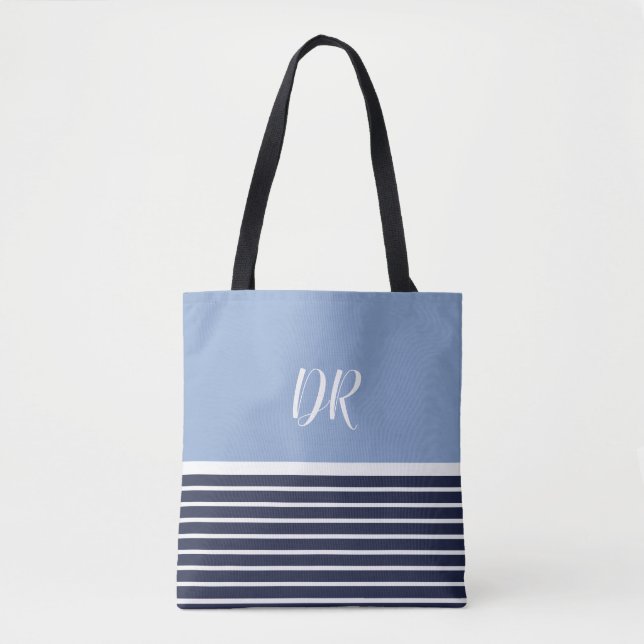 Tote Bag 2 tons bleu rayures horizontales monogramme . élég (Devant)