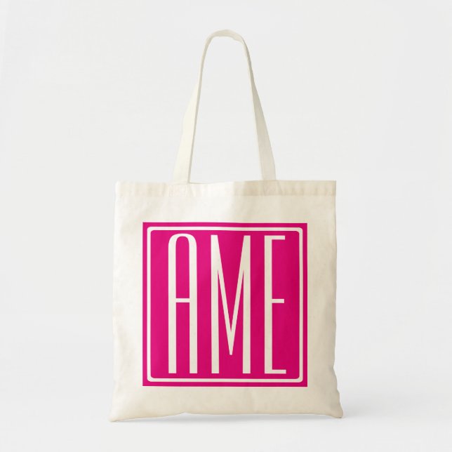 Tote Bag 3 Initiales Monogramme | Blanc sur rose chaud (Devant)