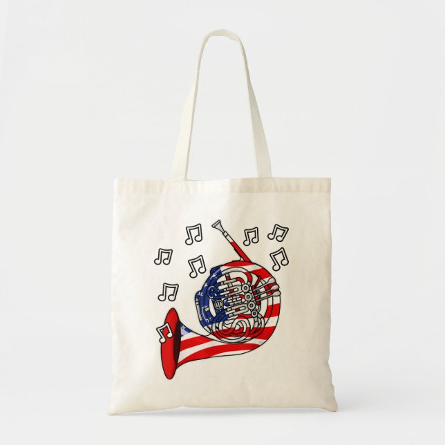 Tote Bag 4 juillet Français Horn American Drapeau musicien  (Devant)