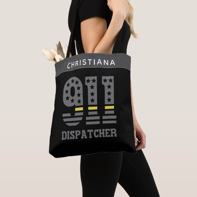 Tote Bag 911 Dispatcher USA Drapeau mince ligne jaune Urgen (De près)
