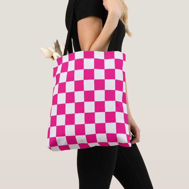 Tote Bag à damiers carré chaud rose blanc rétro géométrique (De près)
