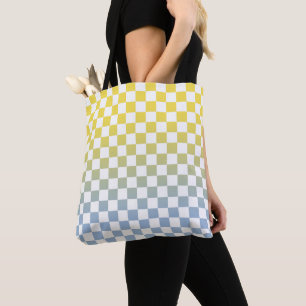 Tote Bag à damiers jaune à bleu clair et Motif blanc