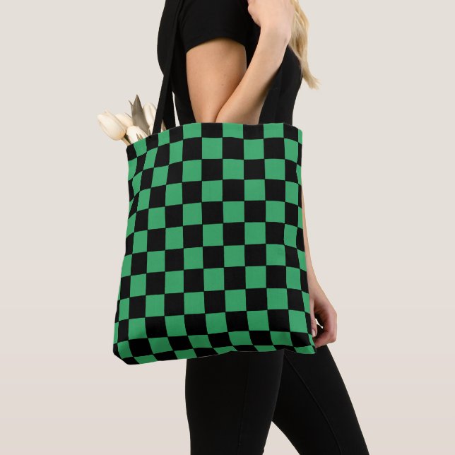 Tote Bag à damiers vert et noir (De près)