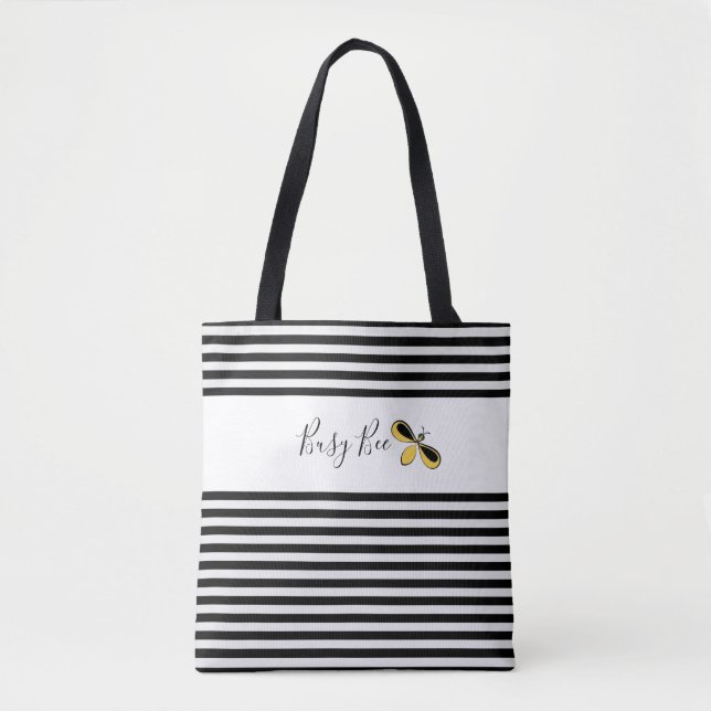 Tote Bag Abeille bouffante, bandes noires et blanches à l'é (Devant)