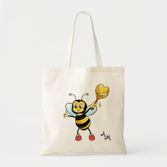 Tote Bag Abeille de miel mignonne avec coeur et monogramme (Devant)