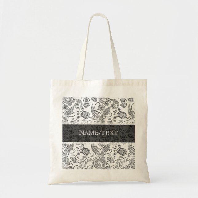 Tote Bag Abstrait noir et blanc Motif de tourbillons florau (Devant)