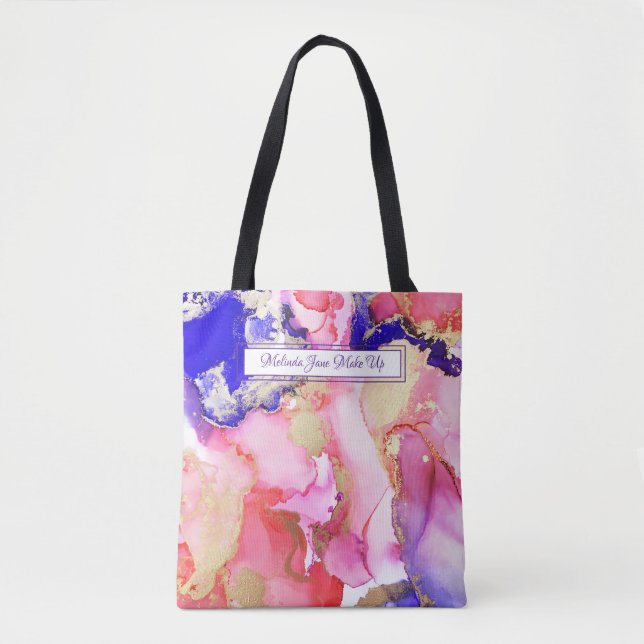 Tote Bag Abstrait Pink Gold Alcohol Ink Art Nom personnalis (Devant)