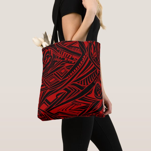 Tote Bag Abstrait Tribal Noir Et Rouge (De près)
