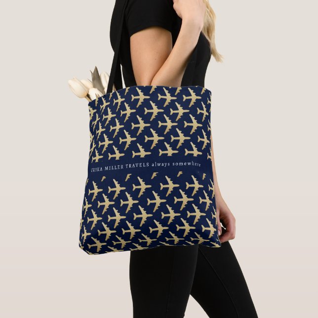 Tote Bag Accessoires de voyage personnalisés avions en or (De près)
