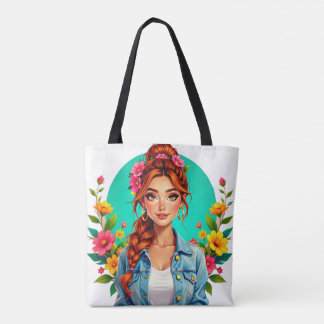 Tote Bag Ado fille esthétique - Portrait de dessin floral