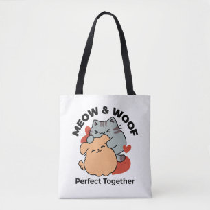 Tote Bag Adorable chat et chien Hug - Meow & Woof Design