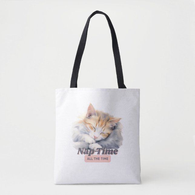 Tote Bag Adorable Chat "Nap Time All Time" (Devant)