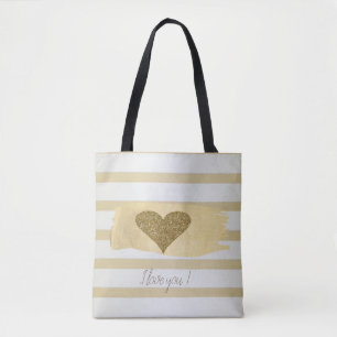 Tote Bag Adorable Gold Parties scintillant Coeurs Stripes-J