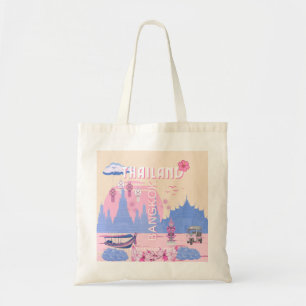 Tote Bag Affiche de voyage pastel bleu rose de Bangkok Thaï