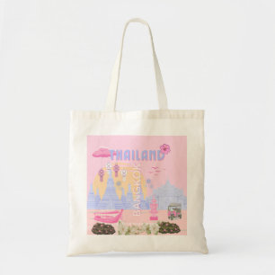 Tote Bag Affiche de voyage rose pastel bleu de Bangkok Thaï