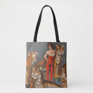 Tote Bag Affiche vintage De Cirque De Femme Avec Six Tigres