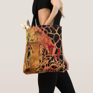 Tote Bag African Girl and Giraffe - Friends - Art Drawing -