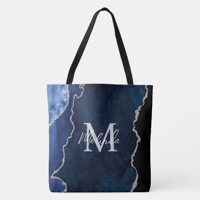 Tote Bag Agate de marbre bleu marine et argenté (Devant)