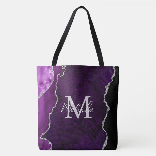 Tote Bag Agate de marbre violet et argenté (Devant)