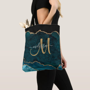 Tote Bag Agate de Parties scintillant or Turquoise moderne 