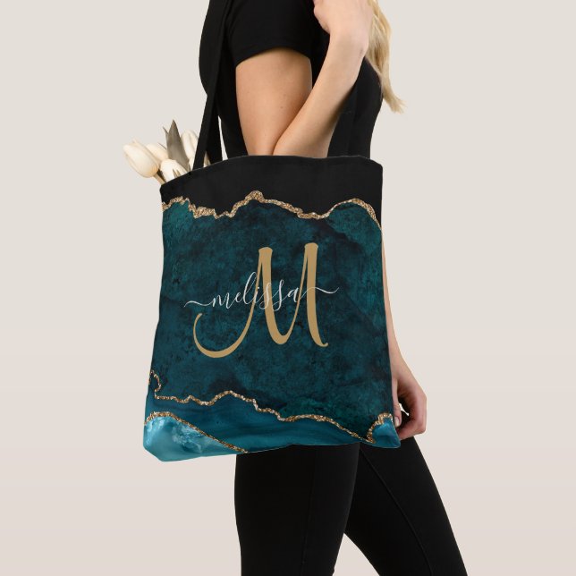 Tote Bag Agate de Parties scintillant or Turquoise moderne  (De près)