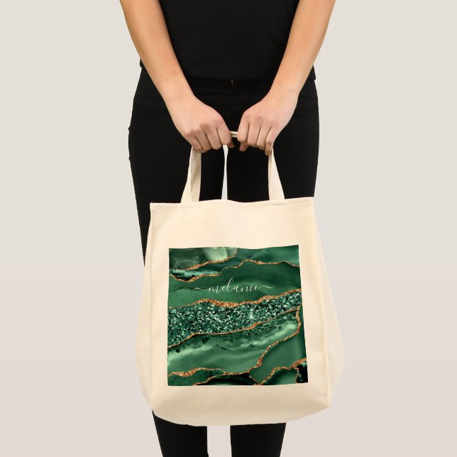 Tote Bag Agate Green Gold Parties scintillant Geode Marbre  (Devant (produit))