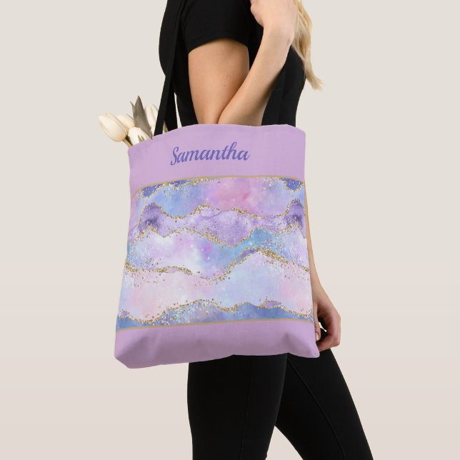 Tote Bag Agate Paillettes Trendys Bleu Rose Violet Monogram (De près)