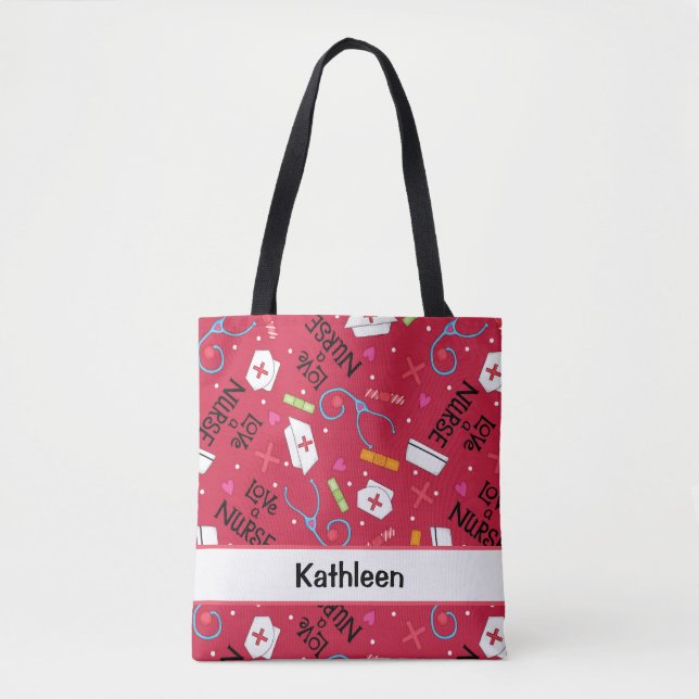 Tote Bag Aimez un nom rouge d'art d'infirmière personnalisé (Devant)