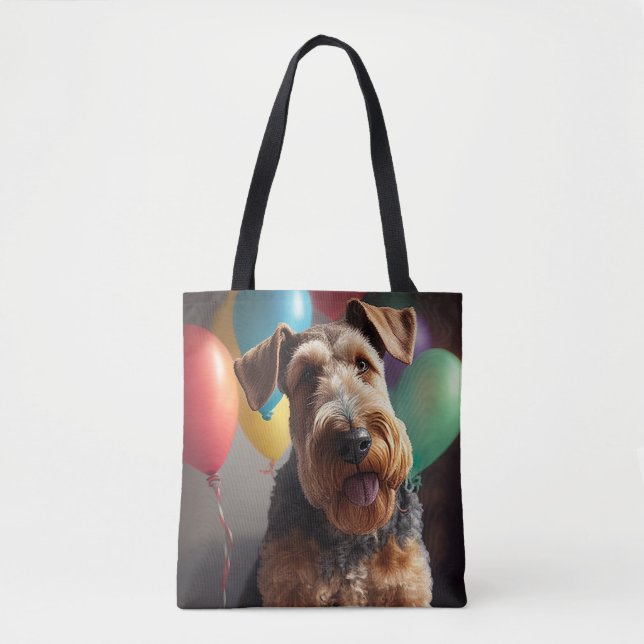 Tote Bag Airedale chien avec gâteau et ballons (Devant)