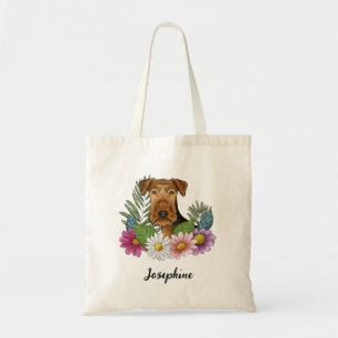 Tote Bag Airedale Terrier avec des fleurs colorées et nom