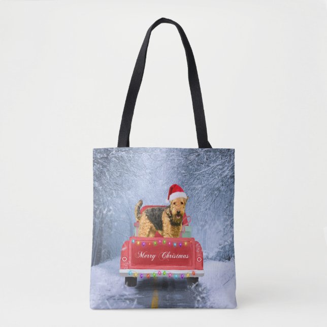 Tote Bag Airedale Terrier Chien en Neige assis à Noël (Devant)