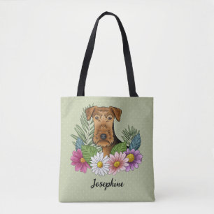 Tote Bag Airedale Terrier et fleurs colorées d'été vert