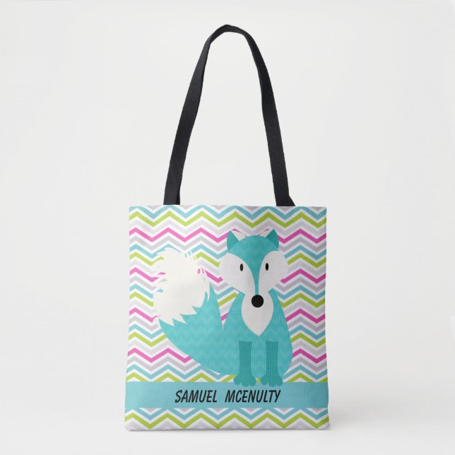 Tote Bag Ajouter Le Nom Chevron Stripe Avec Blue Fox (Devant)