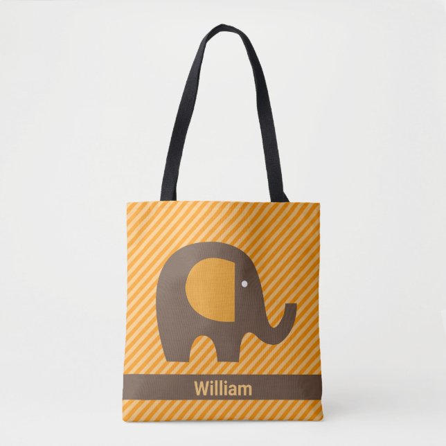 Tote Bag Ajouter Le Nom Orange Diagonal Stripe With Elephan (Devant)