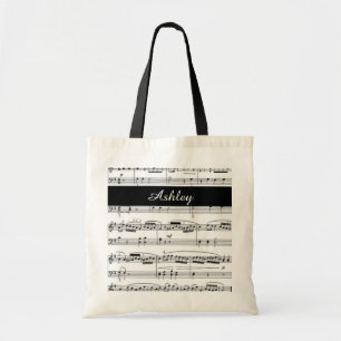 Tote Bag ajouter nom, notes de musique en noir et blanc