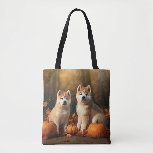 Tote Bag Akita Puppy Citrouille d'automne (Devant)