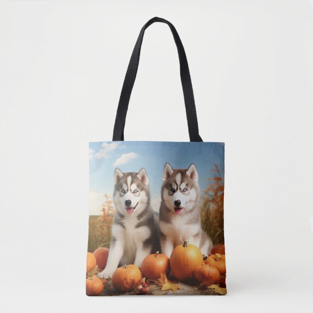 Tote Bag Alaskan Malamute Chiot Automne Citrouille délice (Devant)