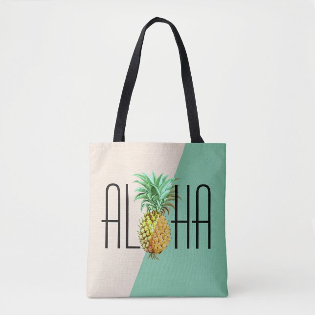Tote Bag Aloha Texte Avec Ananas Tropical Géométrique Retou (Devant)