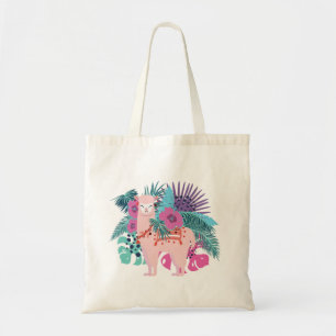 Tote Bag Alpaca rose, llama feuilles tropicaux et fleurs de